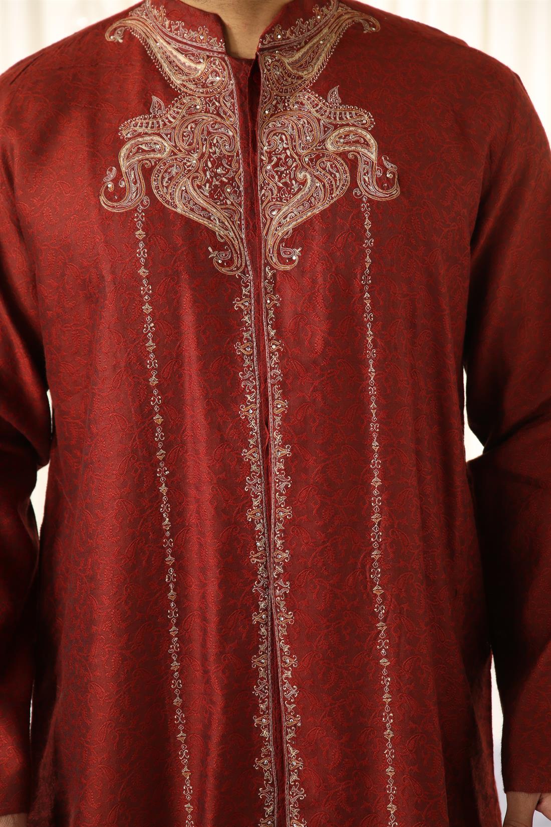 Maroon Brocade Kurta with Pyjama.