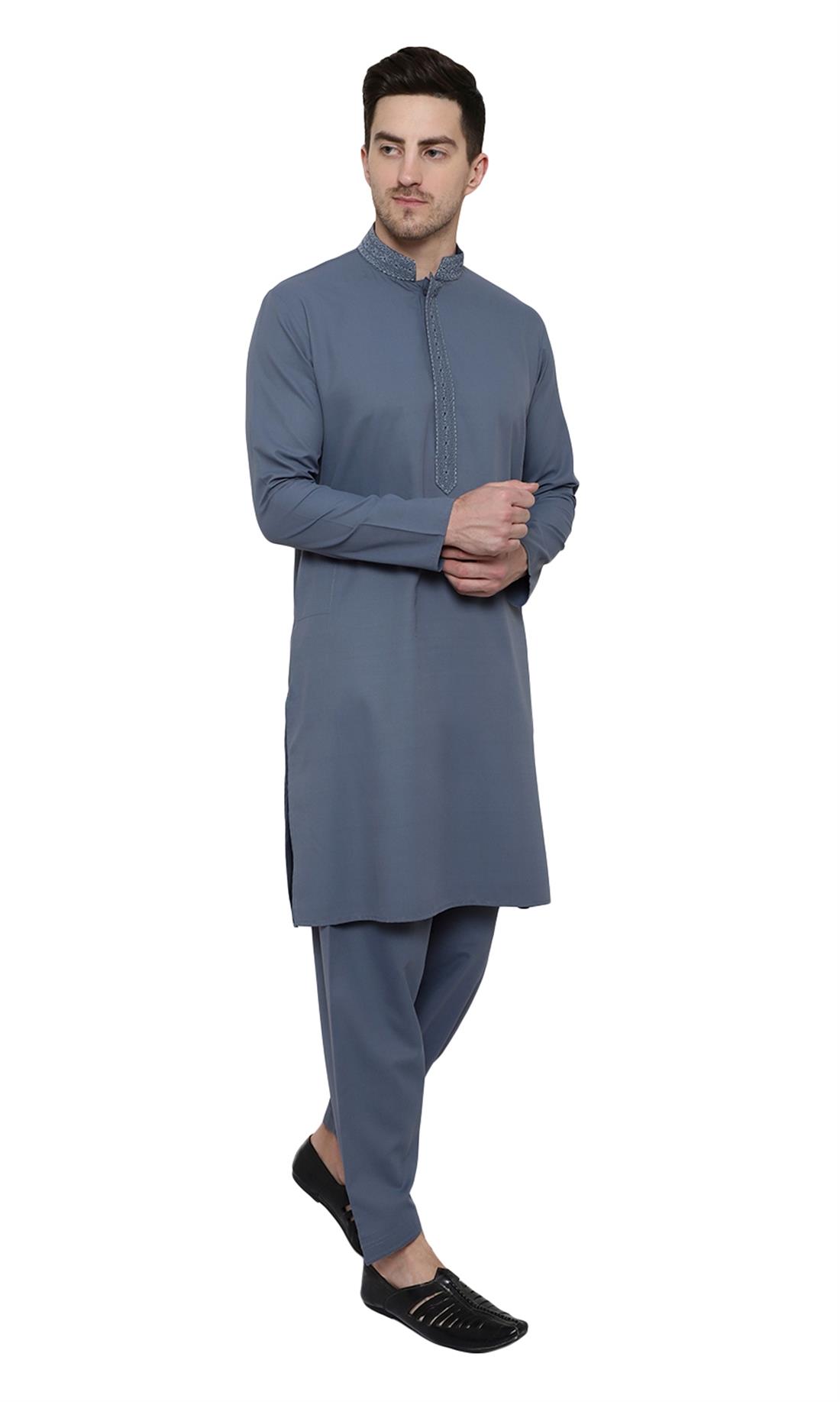 Denim Blue Embroidered Mens Shalwar Kameez