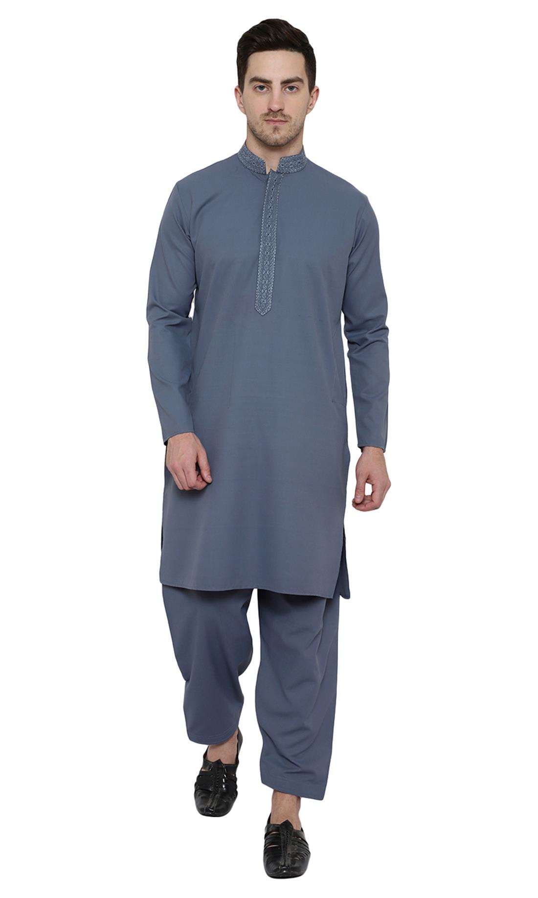 Denim Blue Embroidered Mens Shalwar Kameez