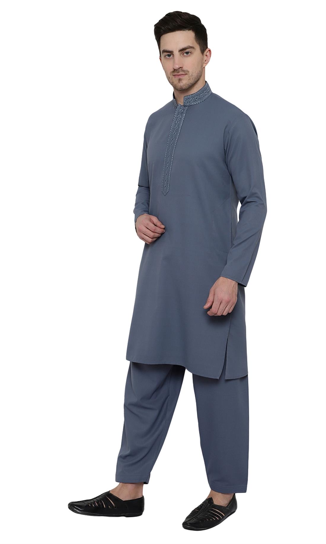 Denim Blue Embroidered Mens Shalwar Kameez