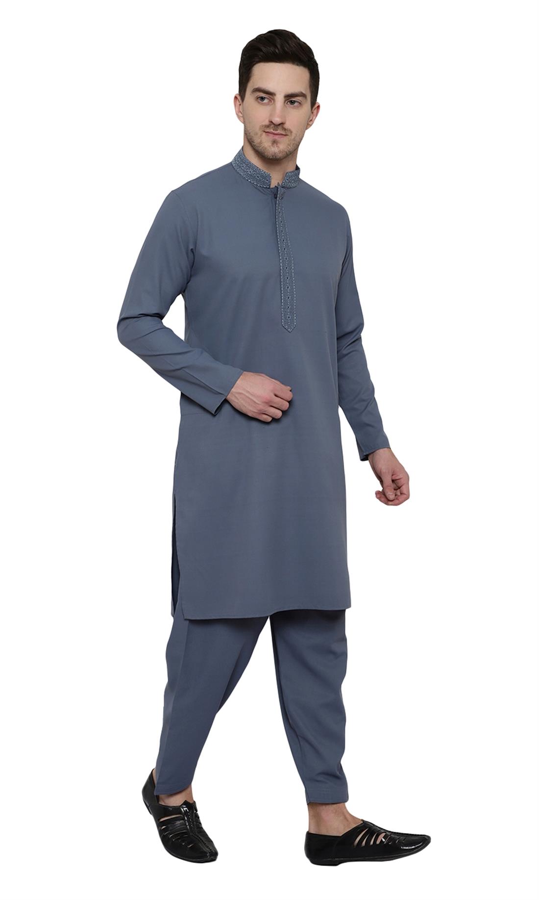 Denim Blue Embroidered Mens Shalwar Kameez