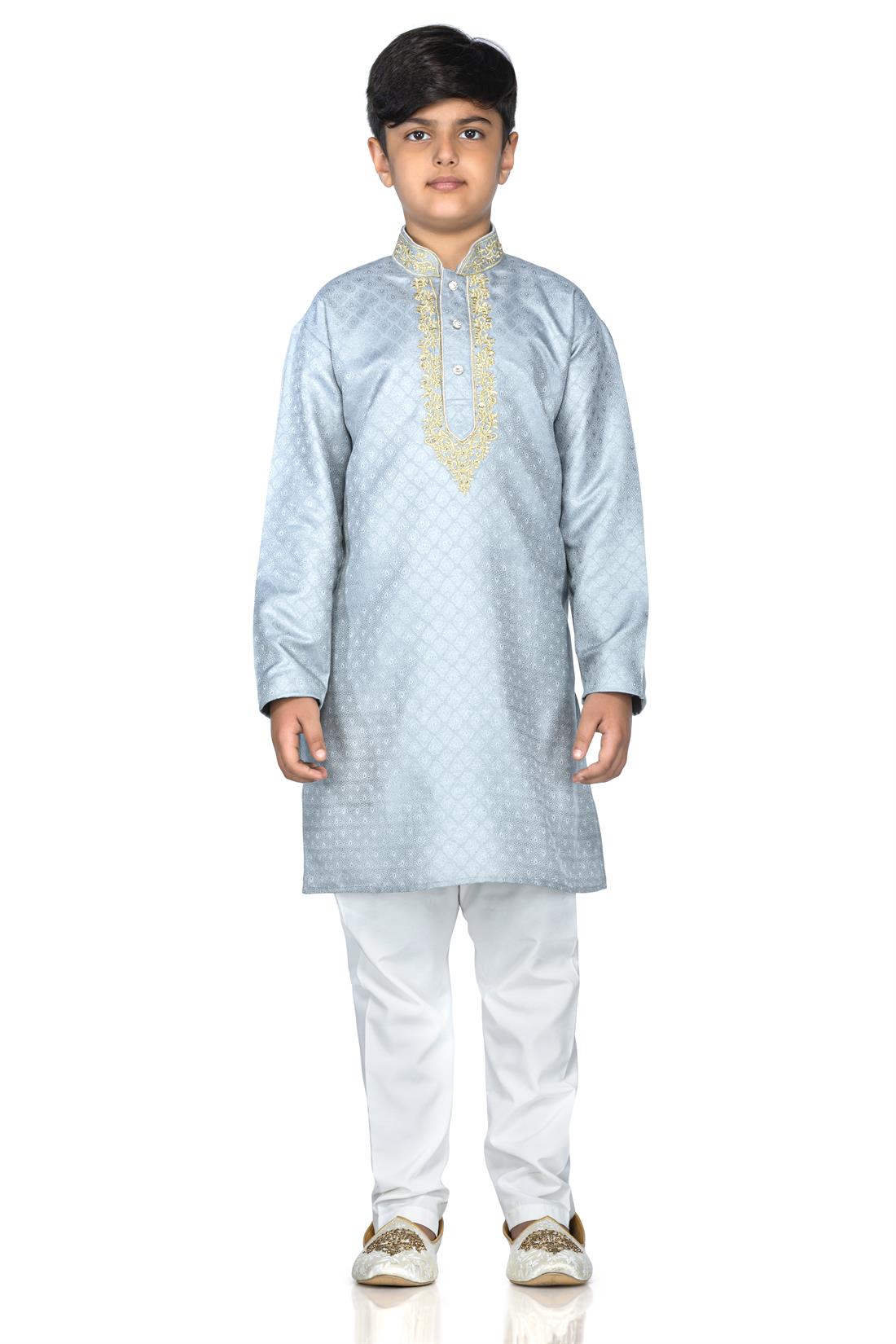 Light Grey Embroidered Boys Kurta Pajama