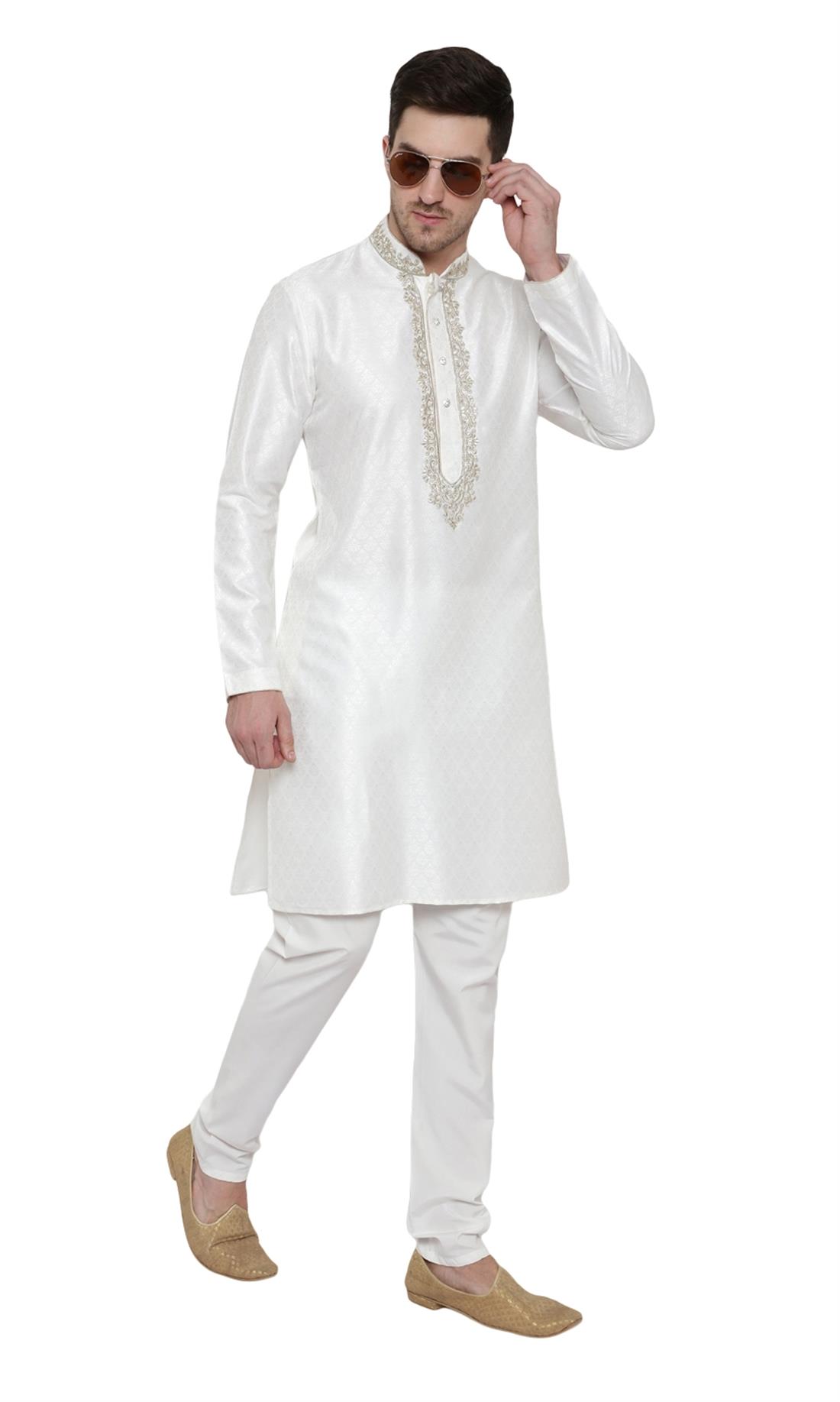 Off White Embroidered Mens Kurta Pajama