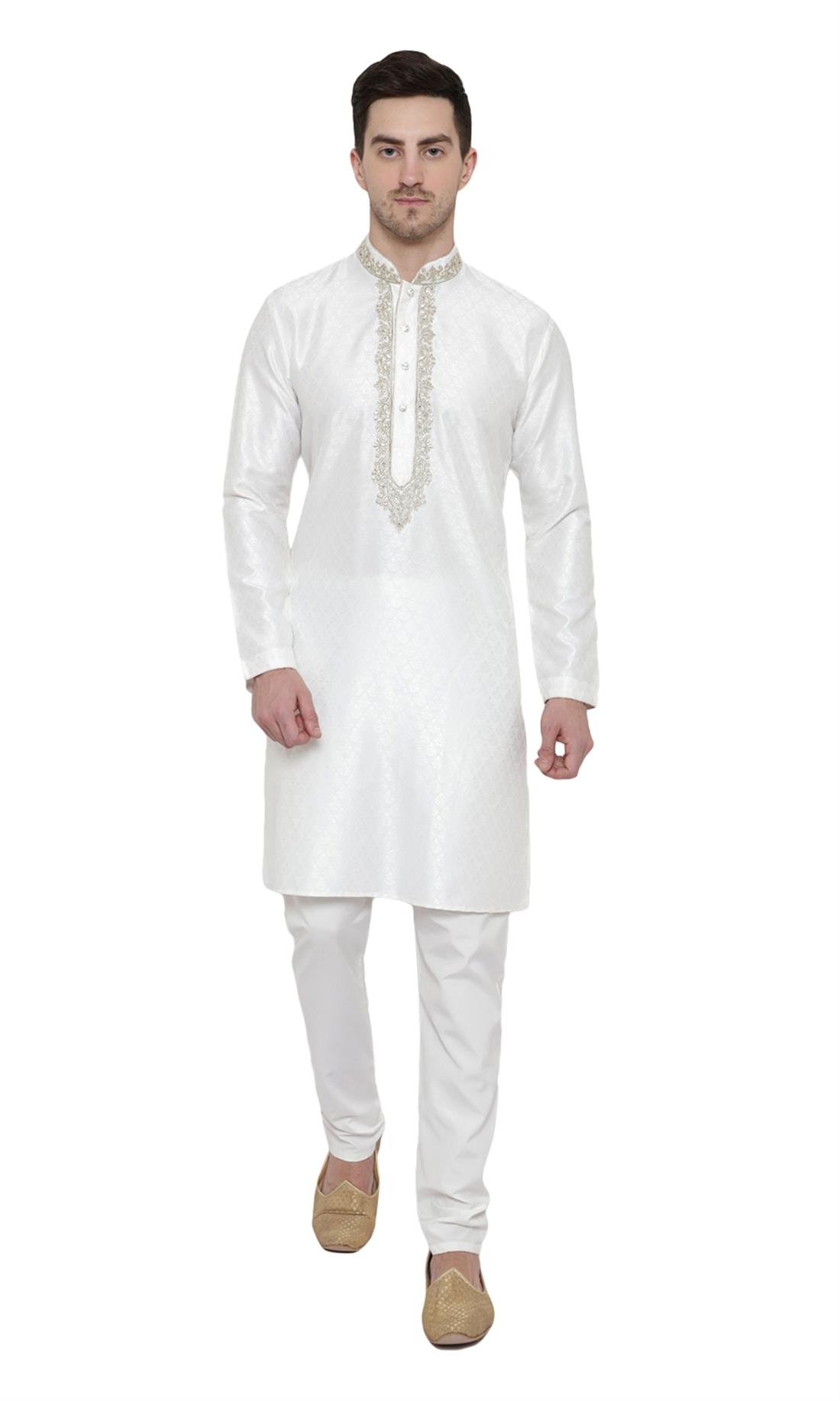 Off White Embroidered Mens Kurta Pajama