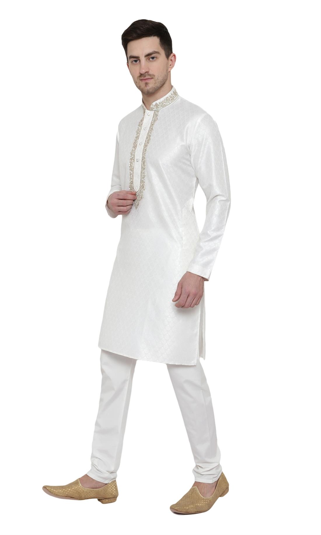 Off White Embroidered Mens Kurta Pajama