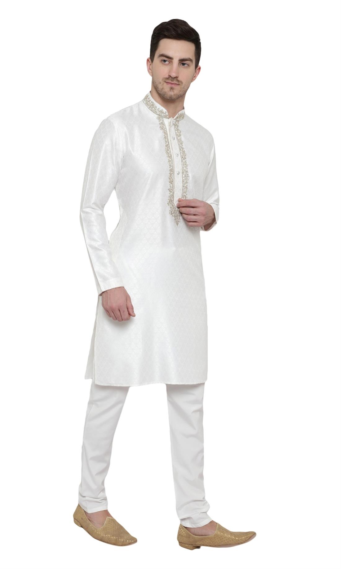 Off White Embroidered Mens Kurta Pajama