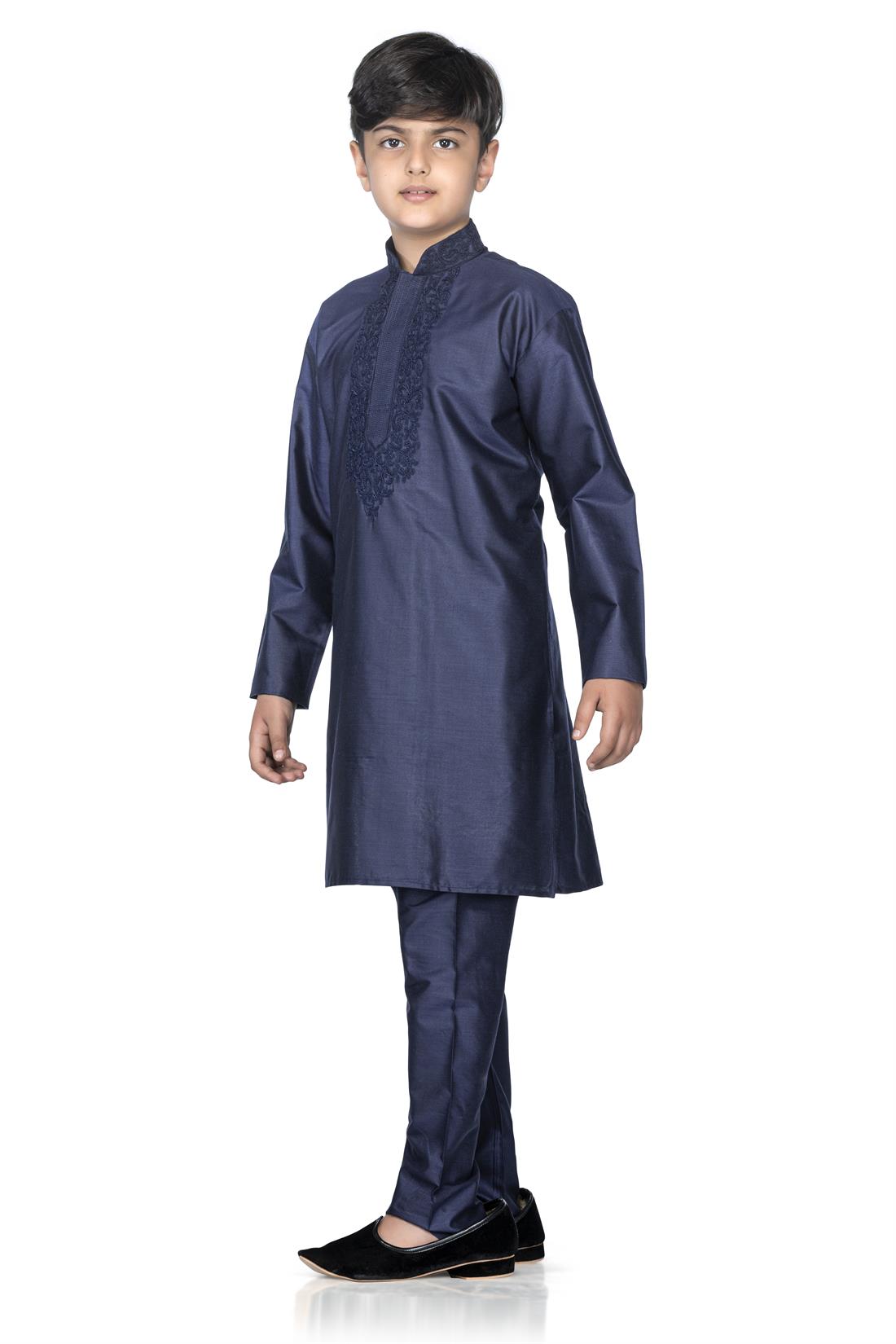 Navy Embroidered Silk Boys Kurta Pajama