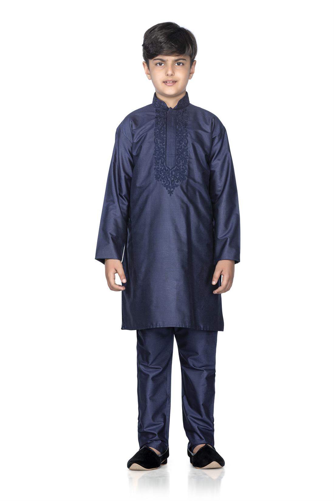 Navy Embroidered Silk Boys Kurta Pajama