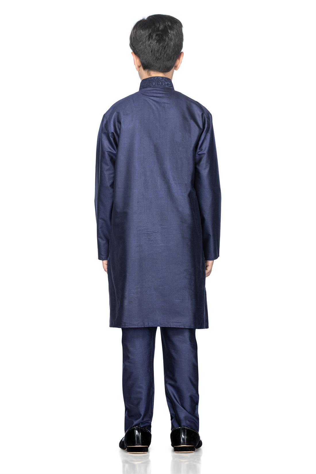 Navy Embroidered Silk Boys Kurta Pajama