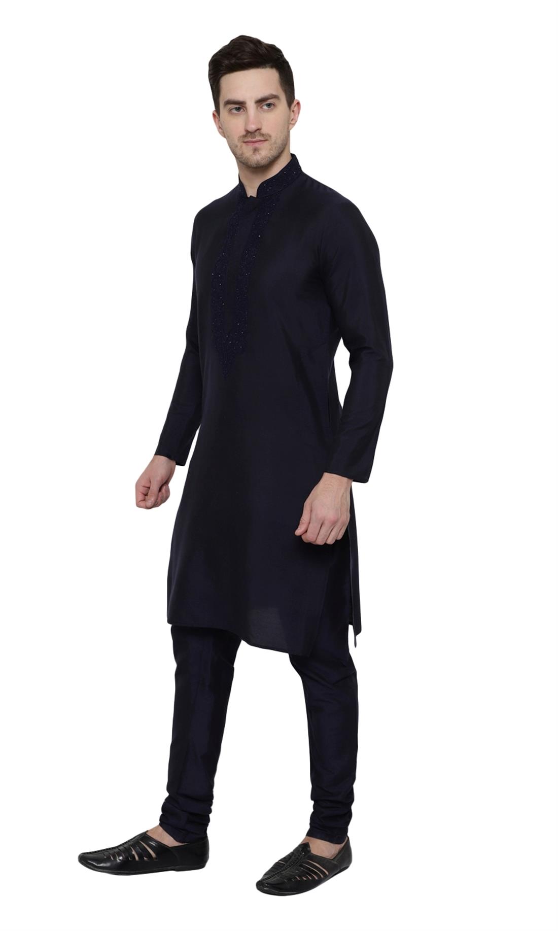 Navy Embroidered Mens Kurta Pajama