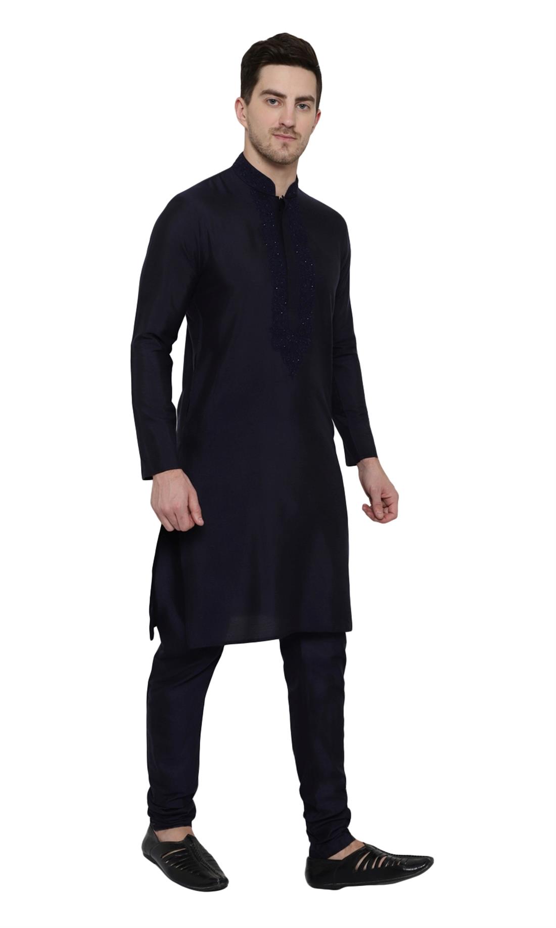 Navy Embroidered Mens Kurta Pajama
