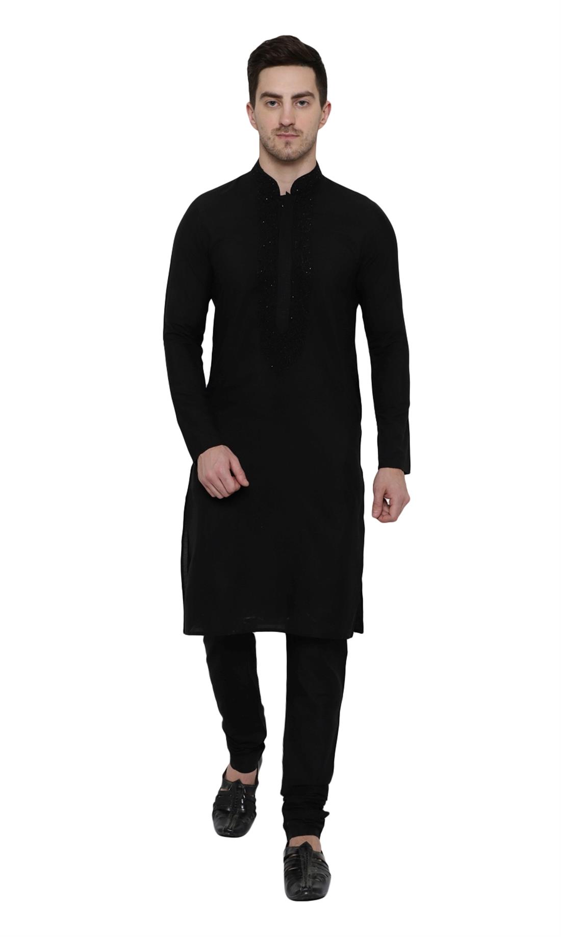 Black Embroidered Silk Mens Kurta Pajama