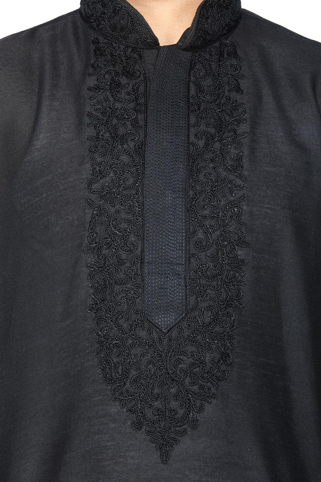 Black Embroidered Silk Mens Kurta Pajama