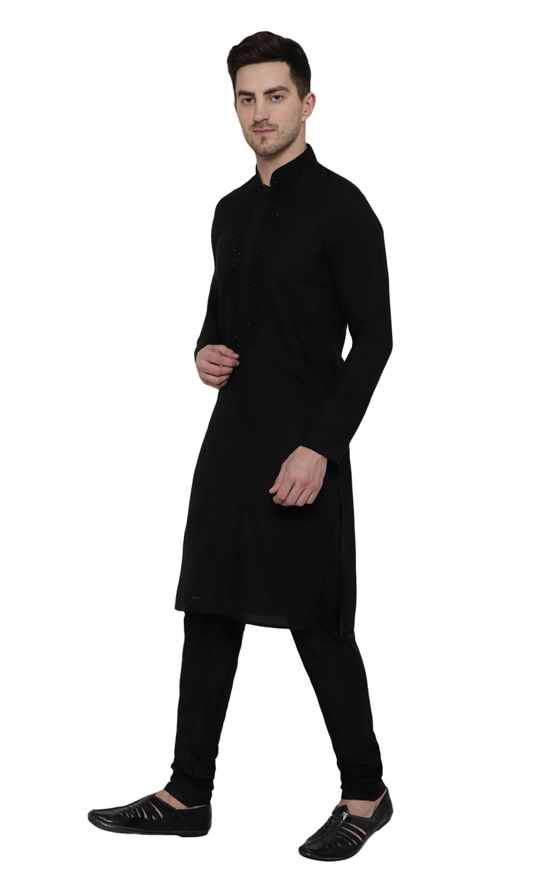Black Embroidered Silk Mens Kurta Pajama