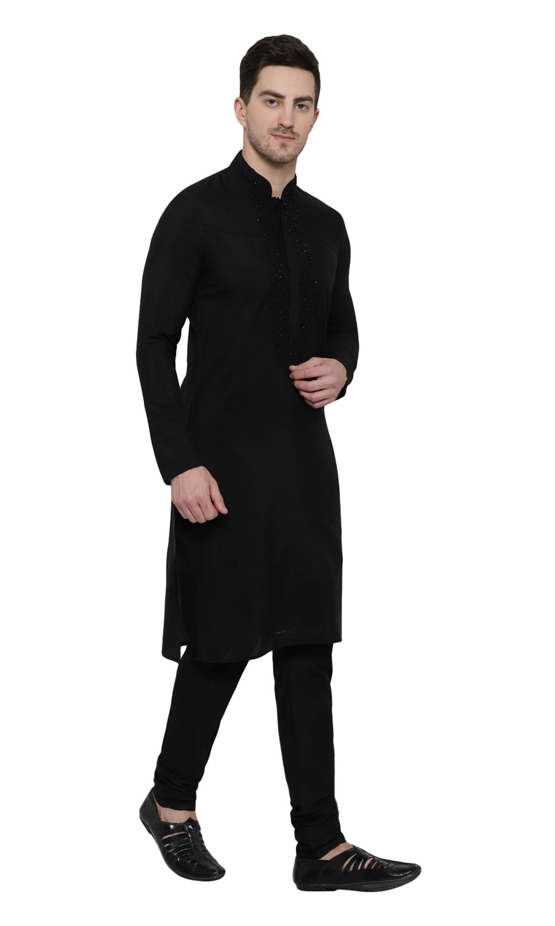 Black Embroidered Silk Mens Kurta Pajama