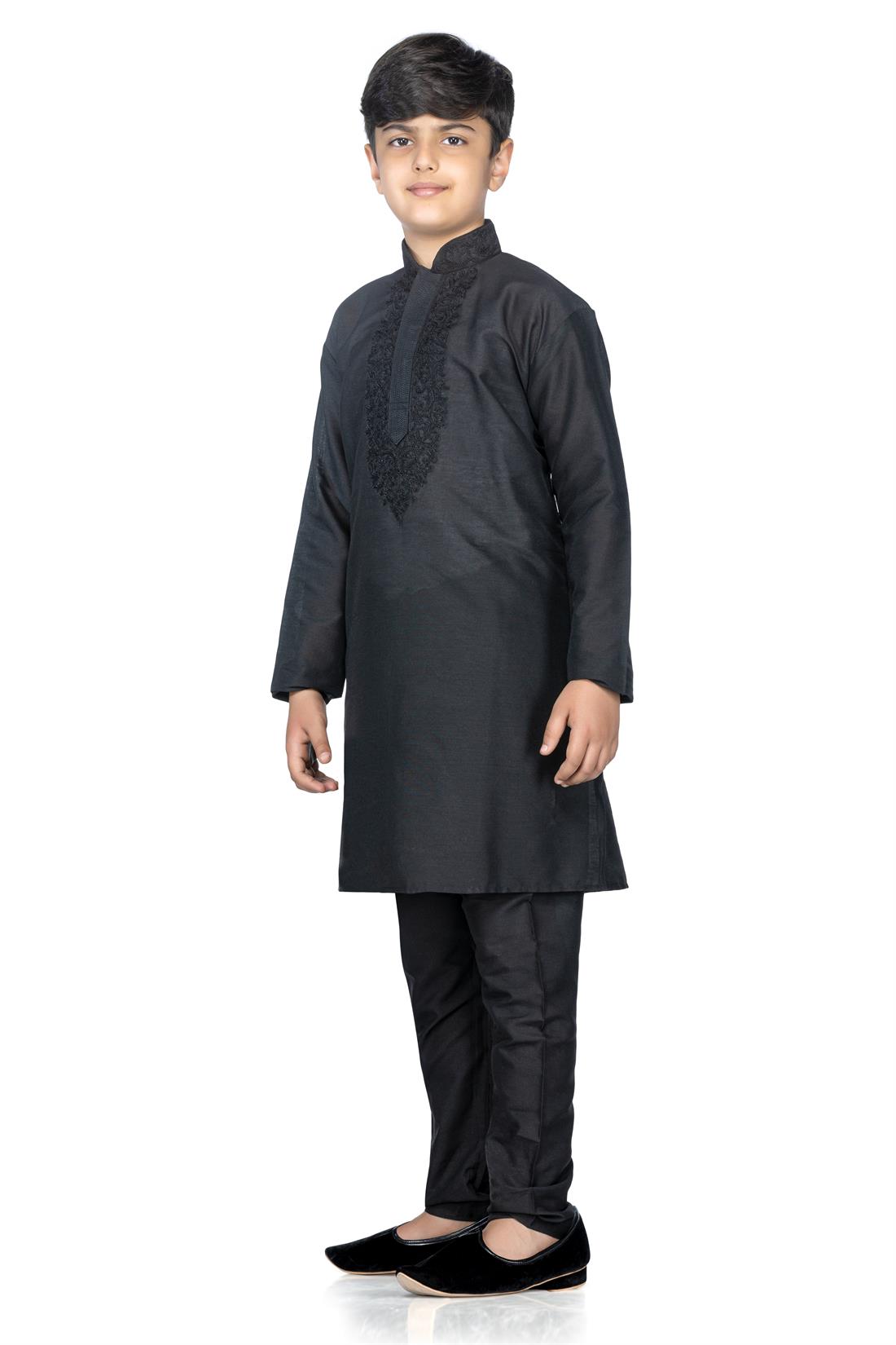 Black Embroidered Silk Boys Kurta Pajama