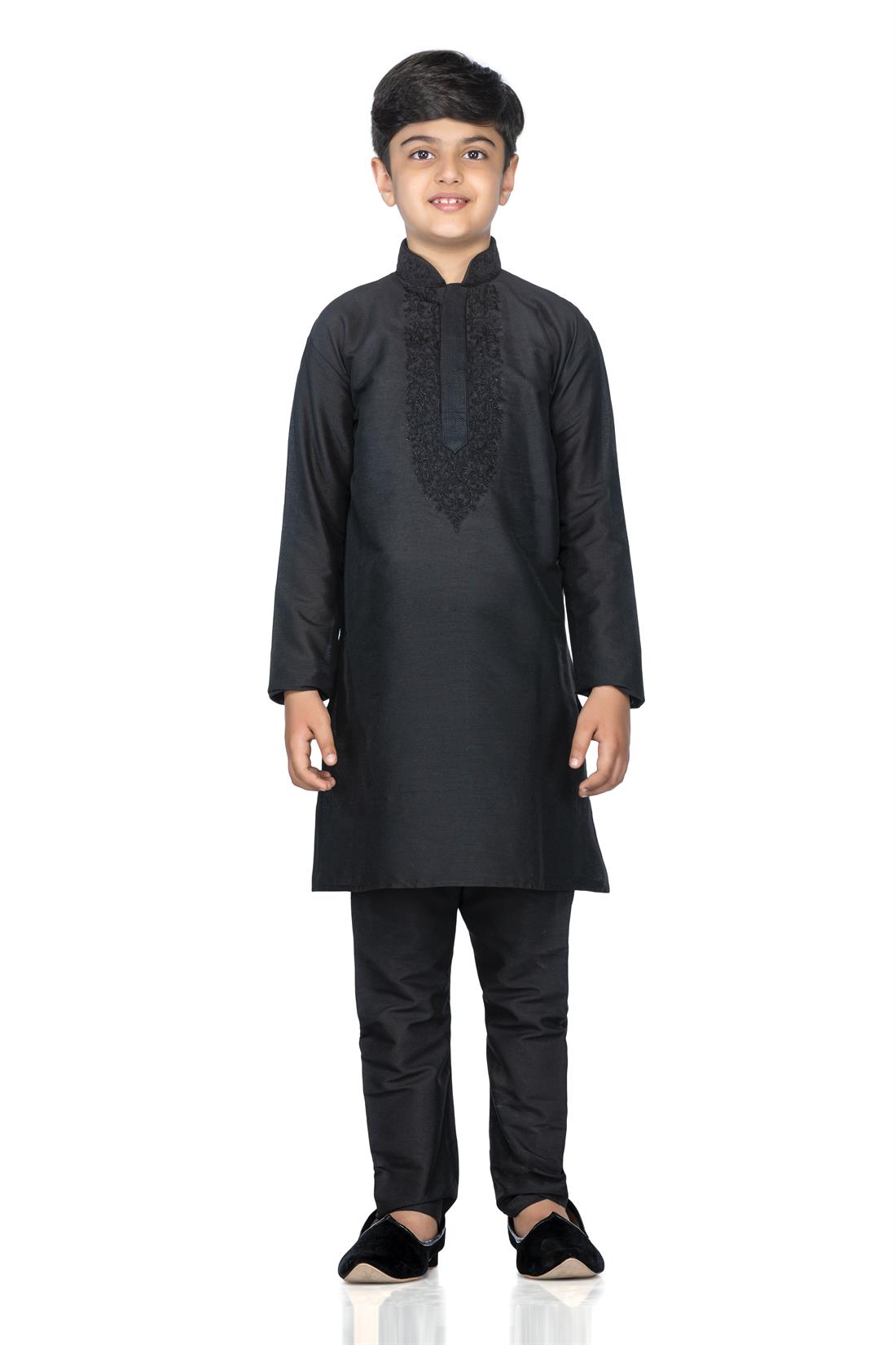Black Embroidered Silk Boys Kurta Pajama