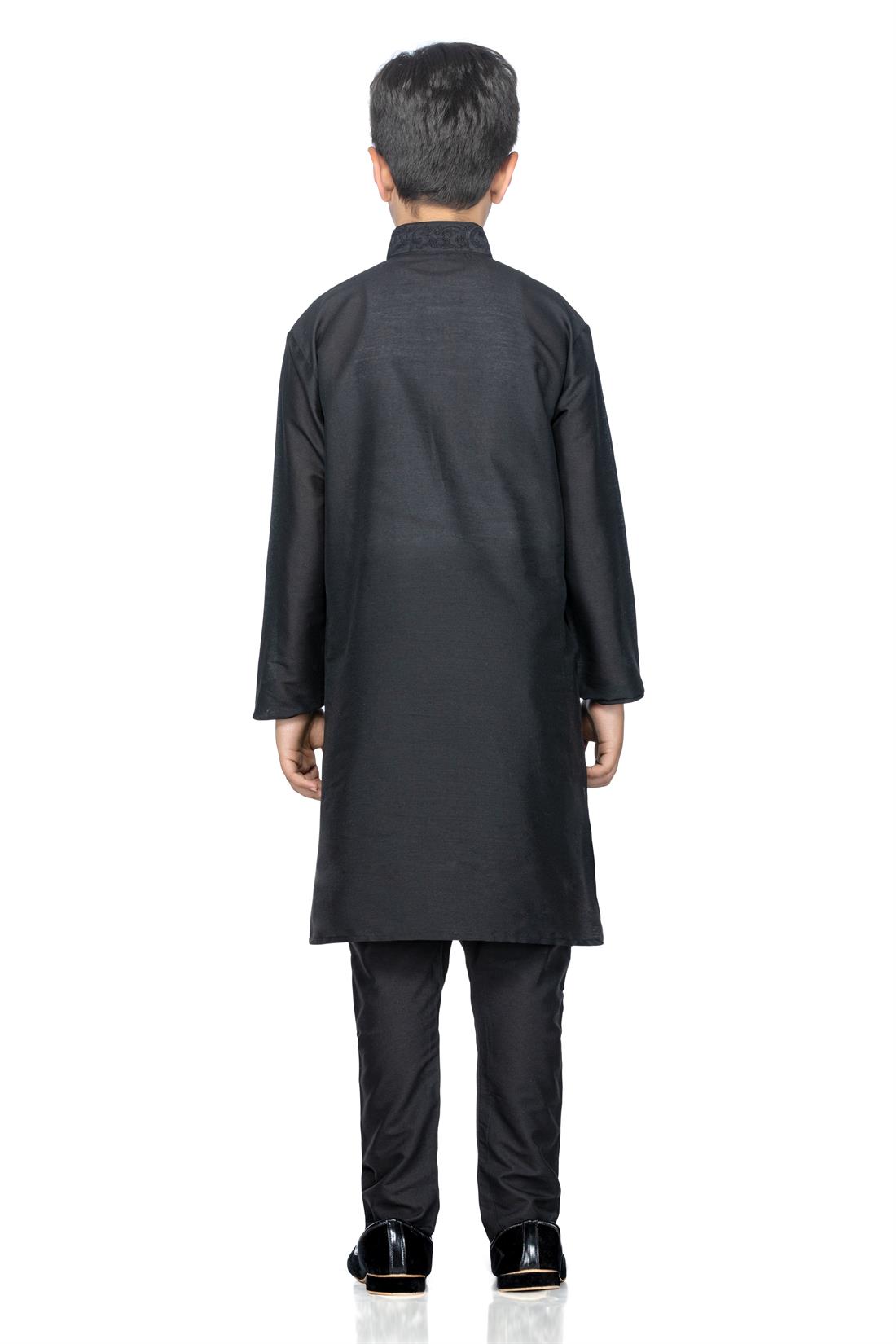 Black Embroidered Silk Boys Kurta Pajama