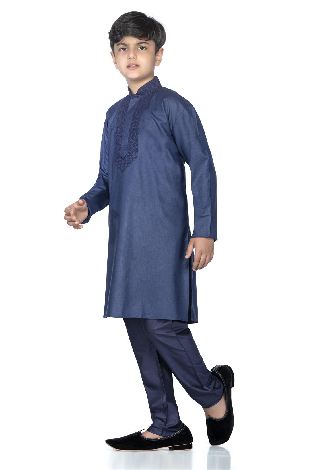 Navy Blue Embroidered Boys Kurta Pajama