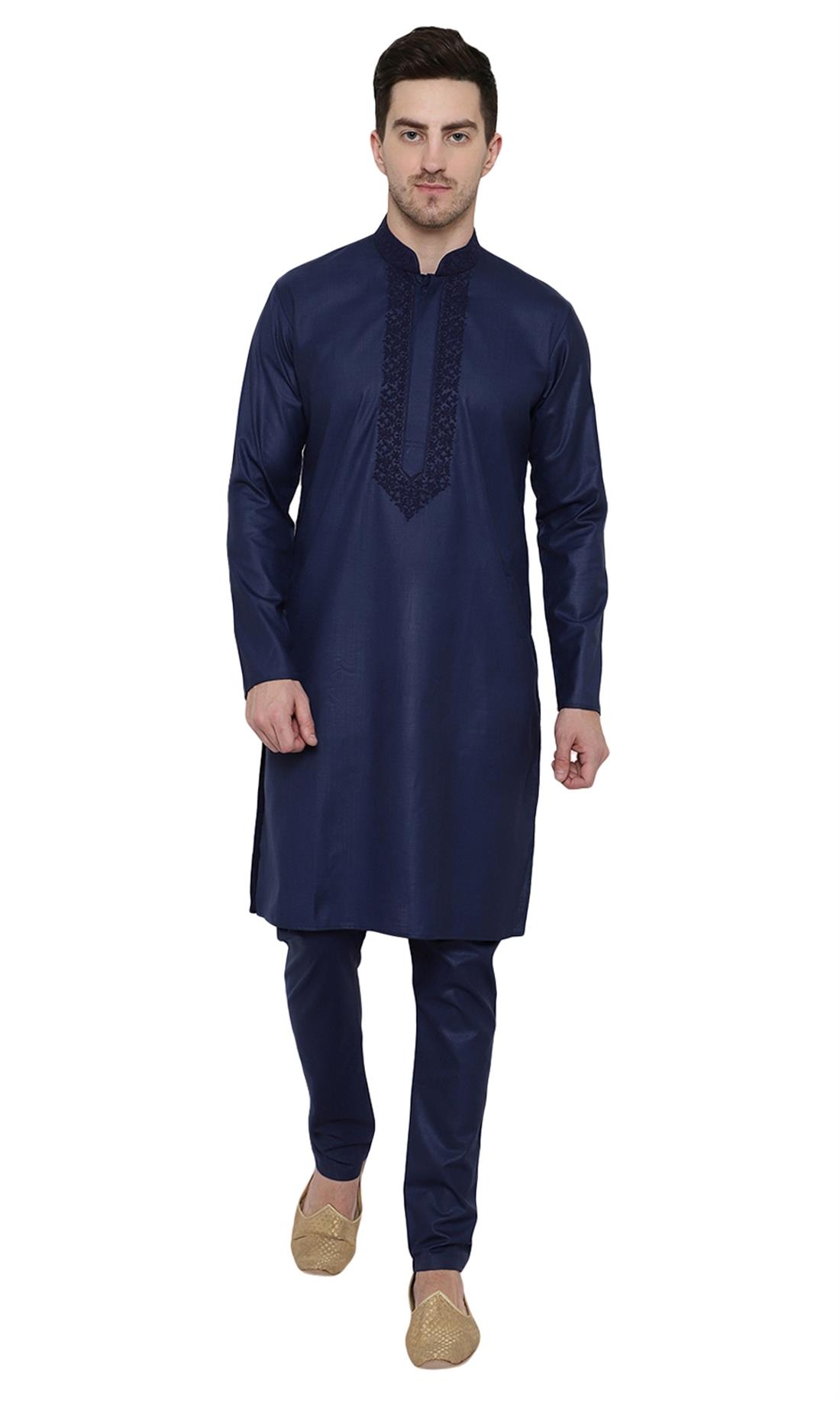 Navy Blue Embroidered Mens Kurta Pajama