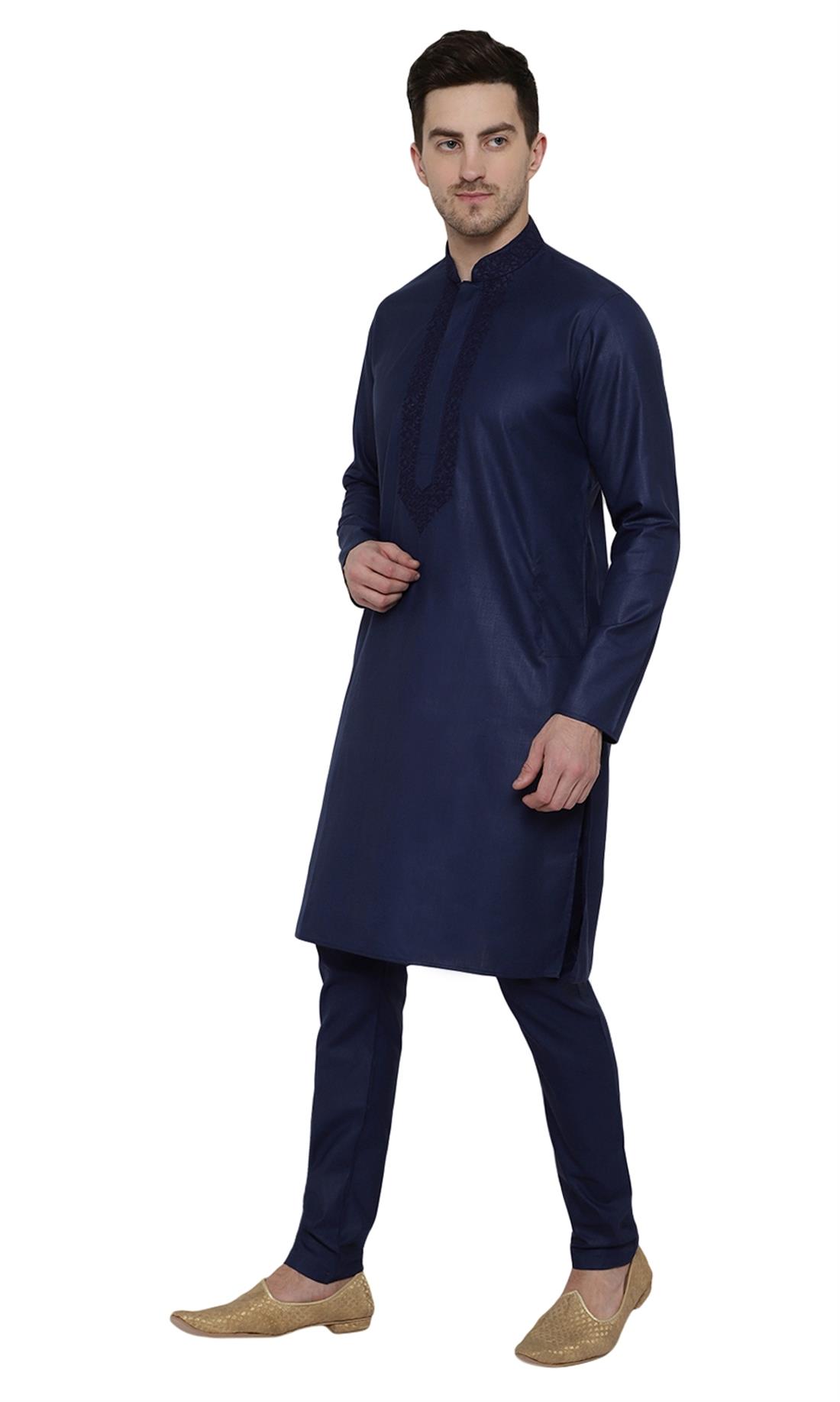 Navy Blue Embroidered Mens Kurta Pajama
