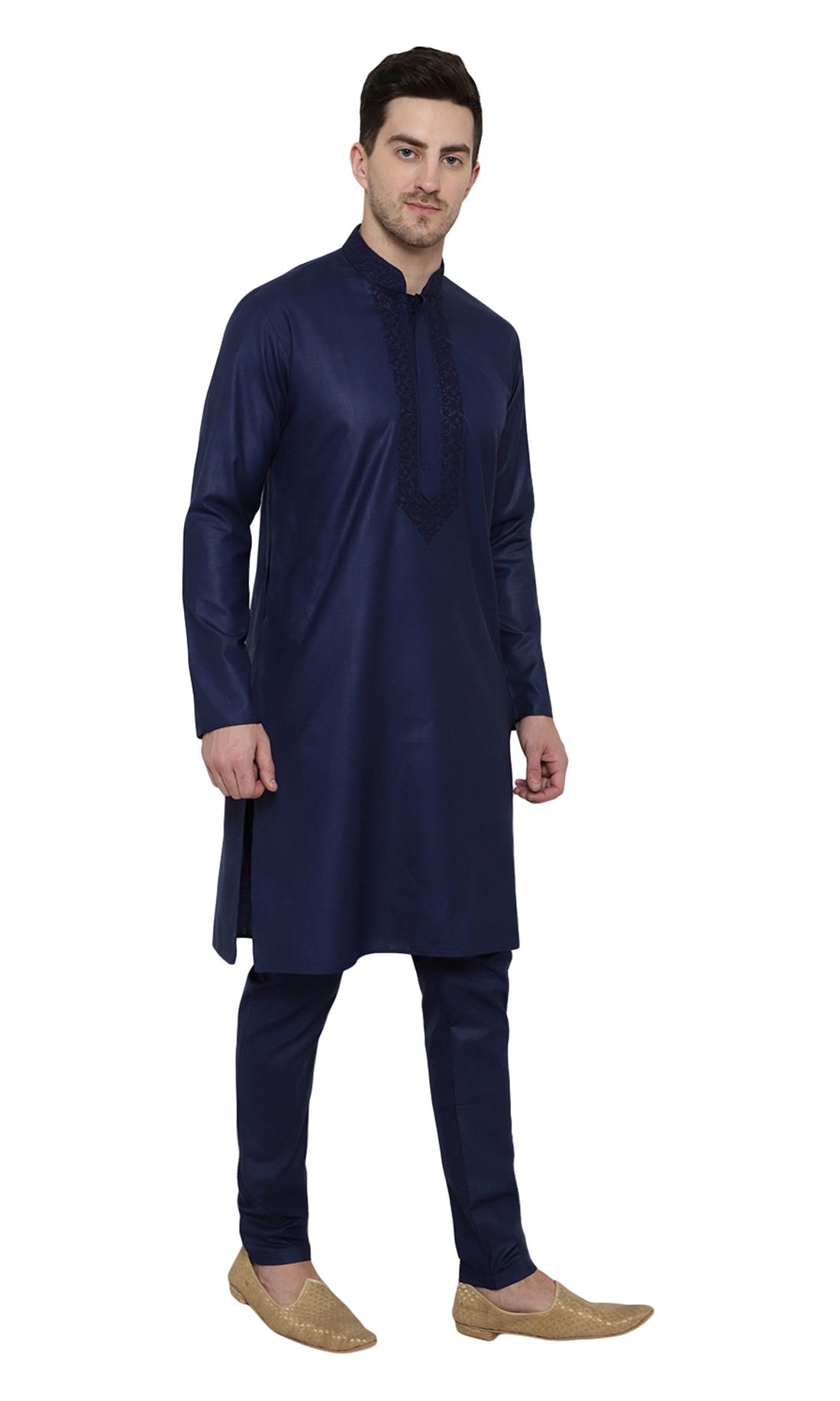Navy Blue Embroidered Mens Kurta Pajama
