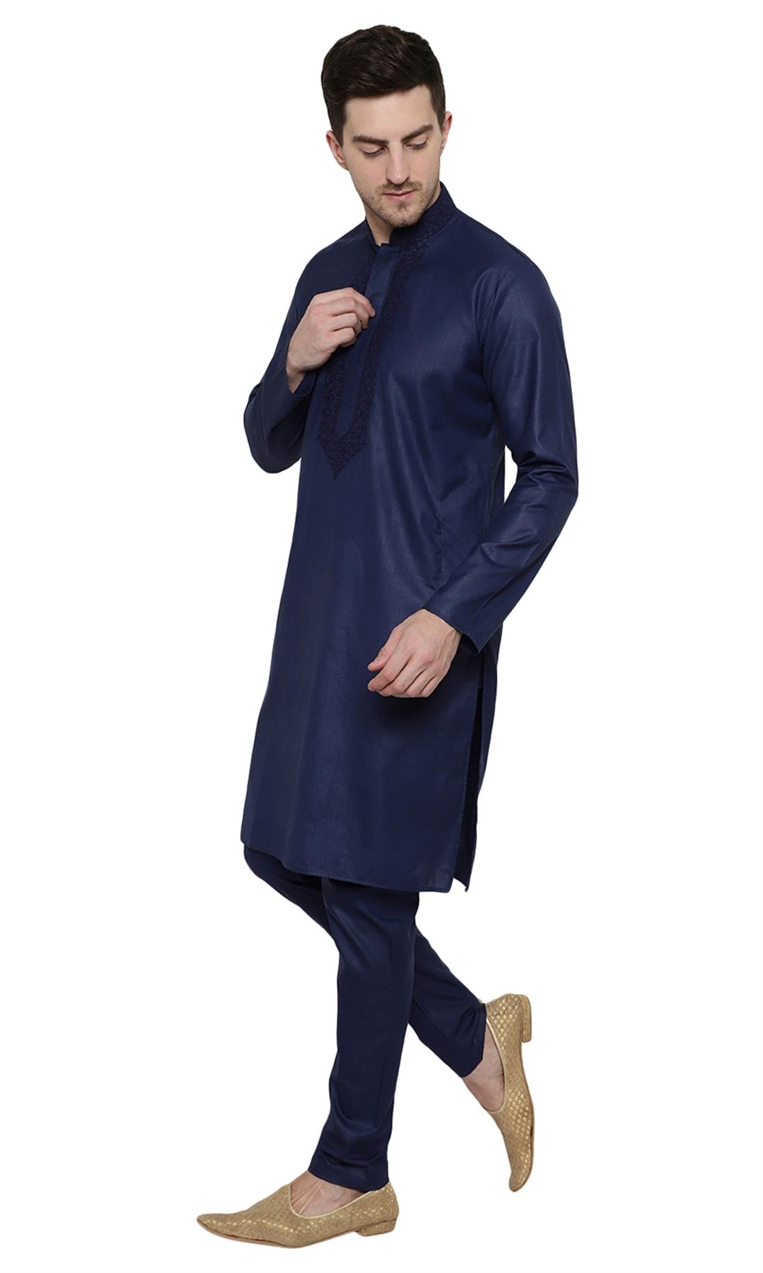 Navy Blue Embroidered Mens Kurta Pajama