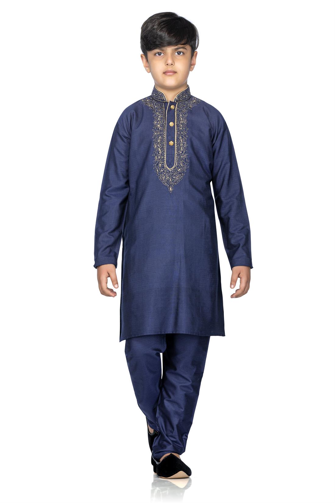Navy Blue Embroidered Silk Boys Kurta Pajama