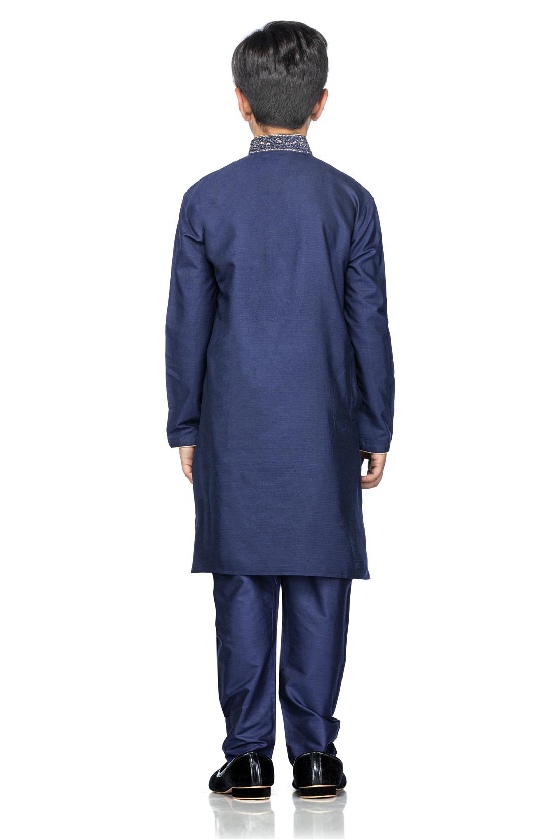 Navy Blue Embroidered Silk Boys Kurta Pajama