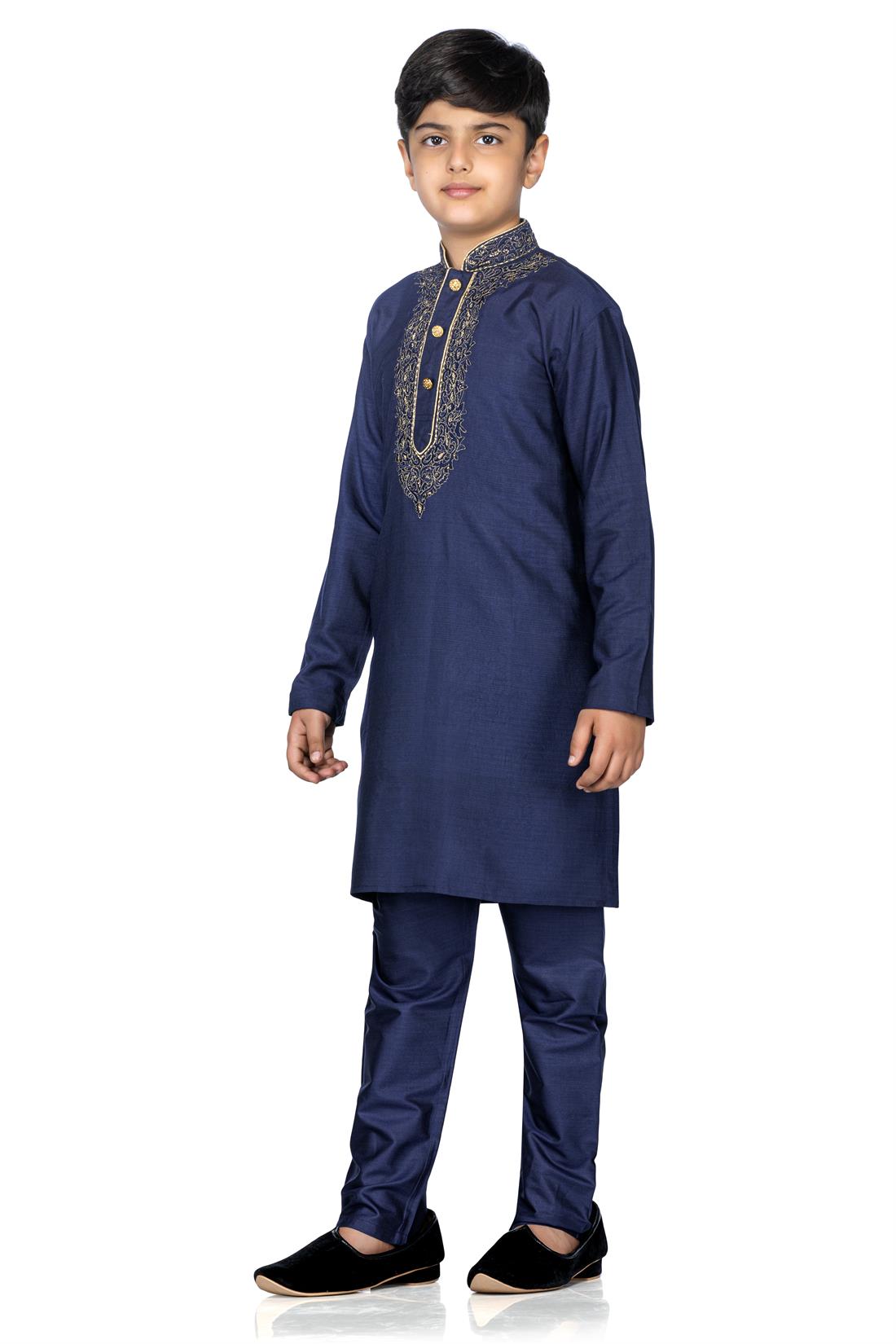Navy Blue Embroidered Silk Boys Kurta Pajama