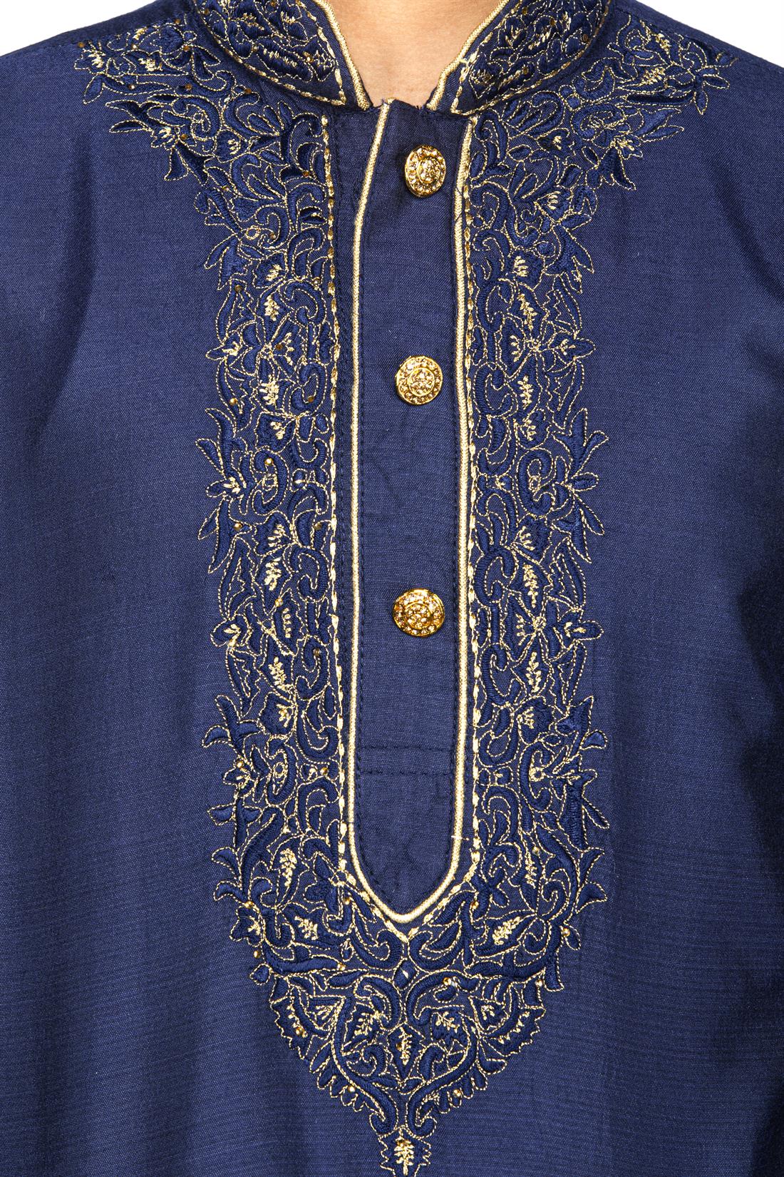 Navy Blue Embroidered Silk Boys Kurta Pajama