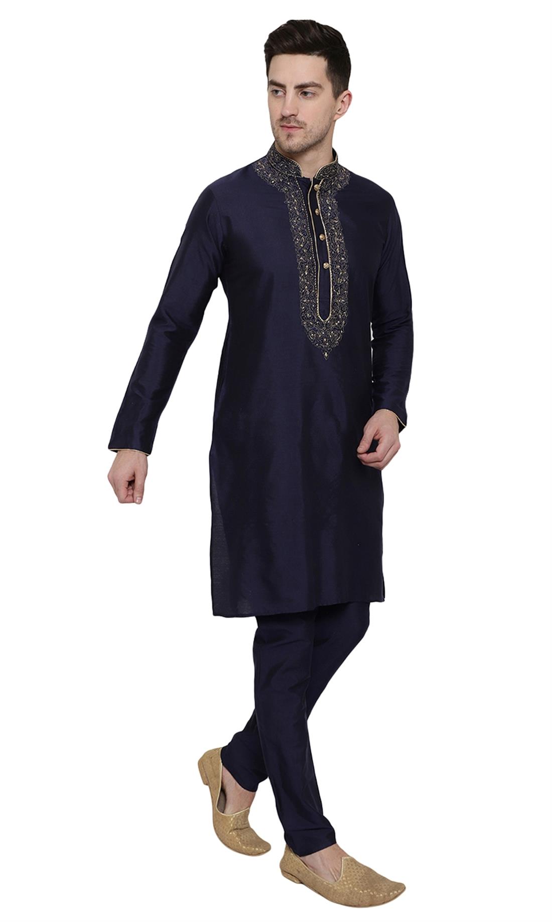 Navy Blue Embroidered Silk Mens Kurta Pajama