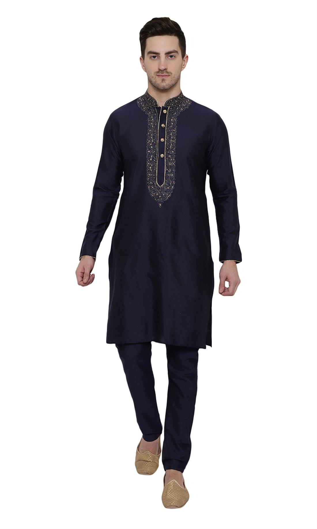 Navy Blue Embroidered Silk Mens Kurta Pajama