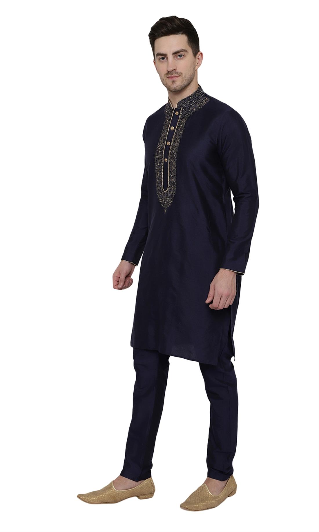 Navy Blue Embroidered Silk Mens Kurta Pajama
