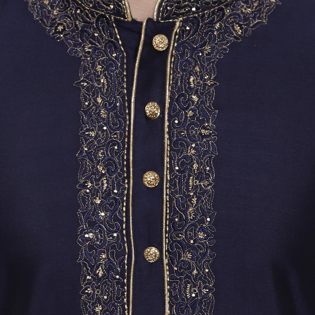Navy Blue Embroidered Silk Mens Kurta Pajama