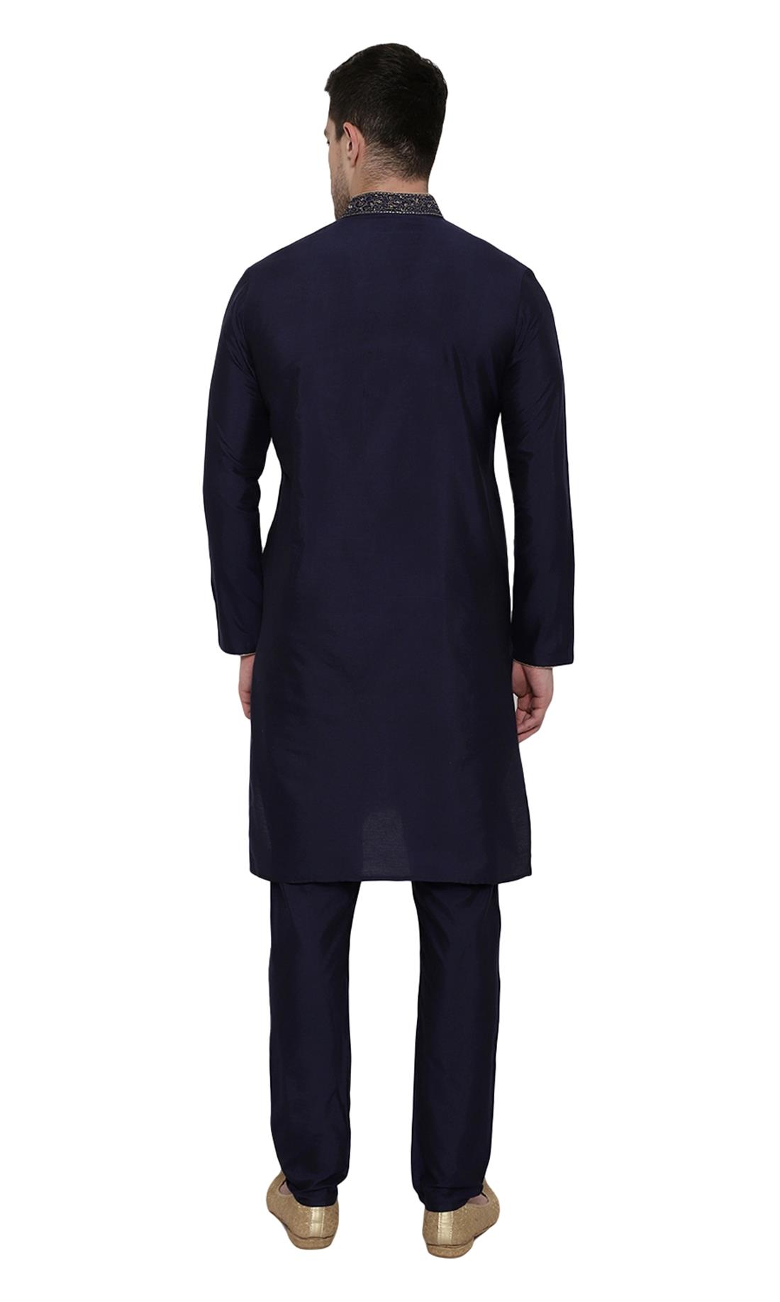 Navy Blue Embroidered Silk Mens Kurta Pajama