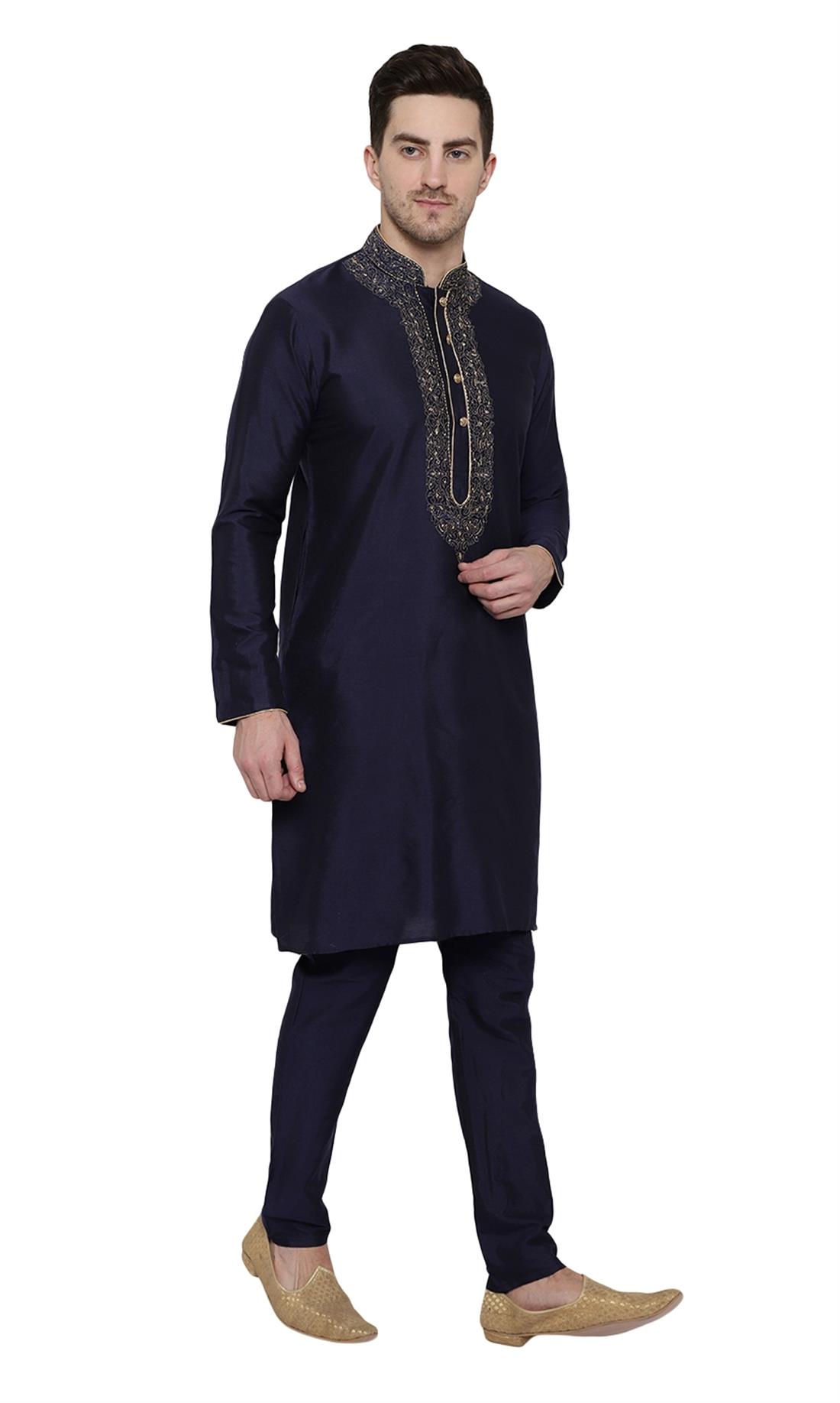 Navy Blue Embroidered Silk Mens Kurta Pajama