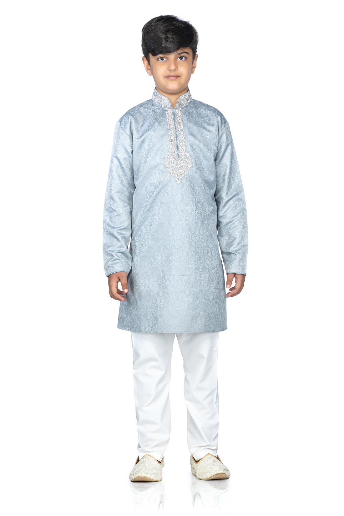 Light Grey Embroidered Boys Kurta Pajama