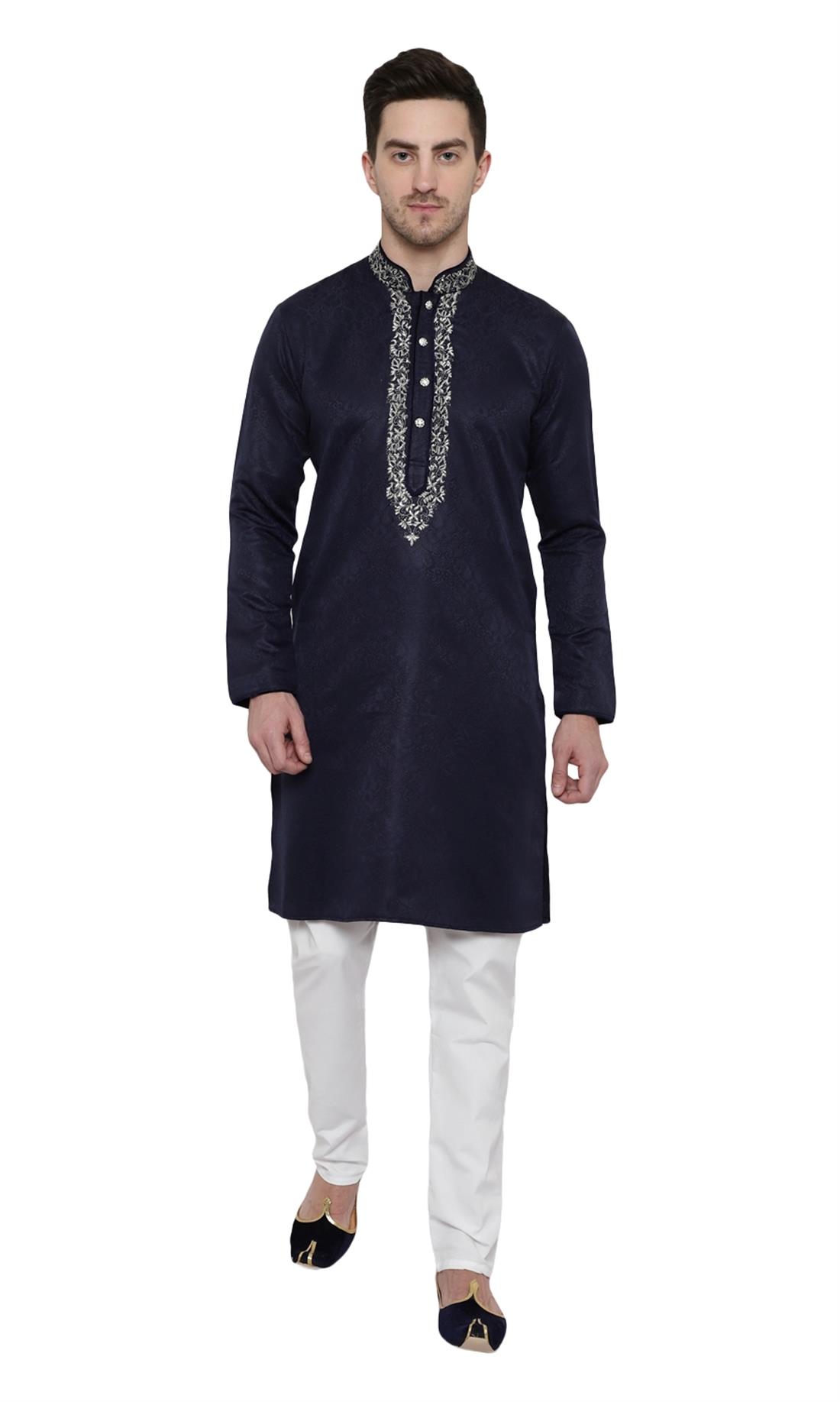 Navy Blue Embroidered Mens Kurta Pajama