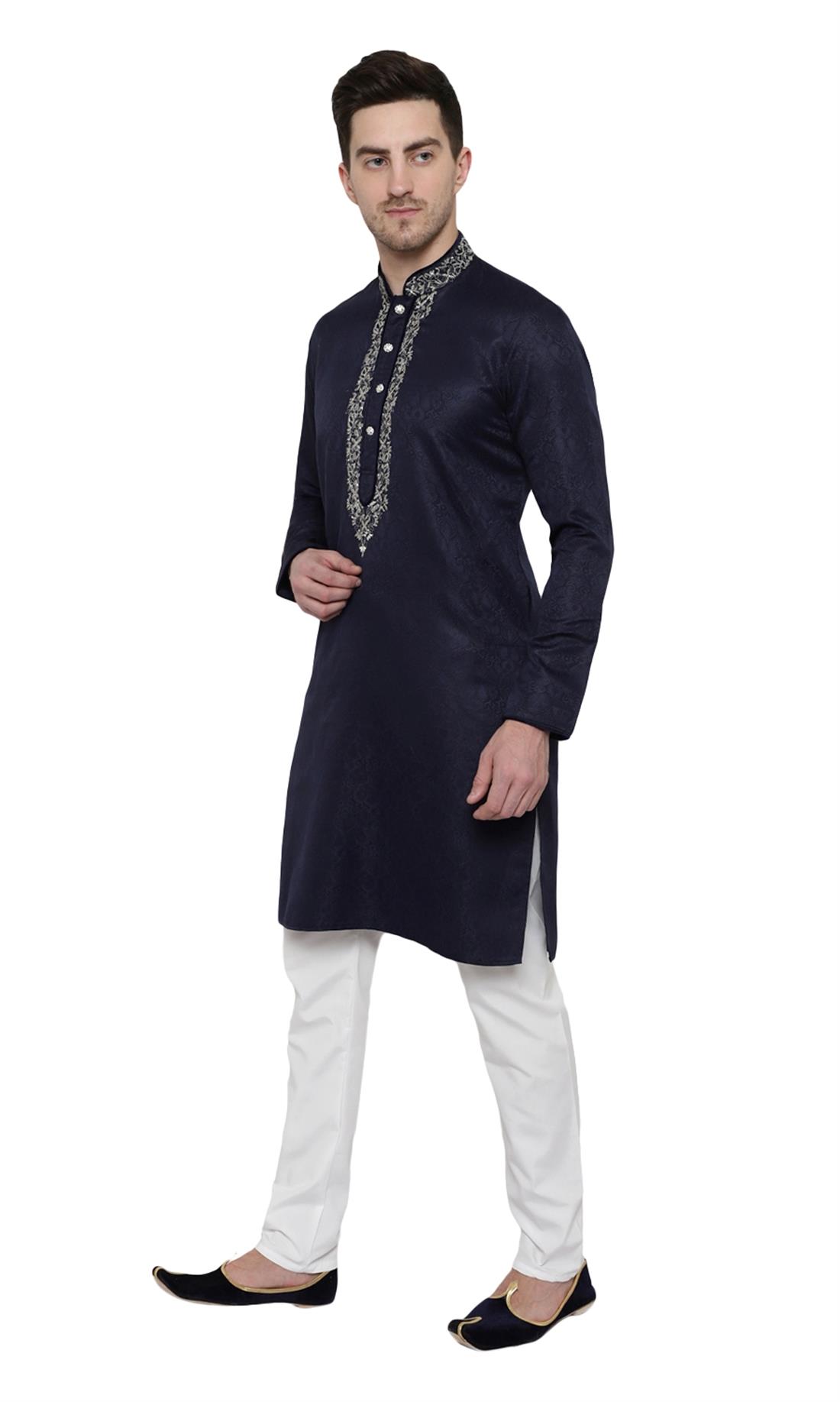 Navy Blue Embroidered Mens Kurta Pajama