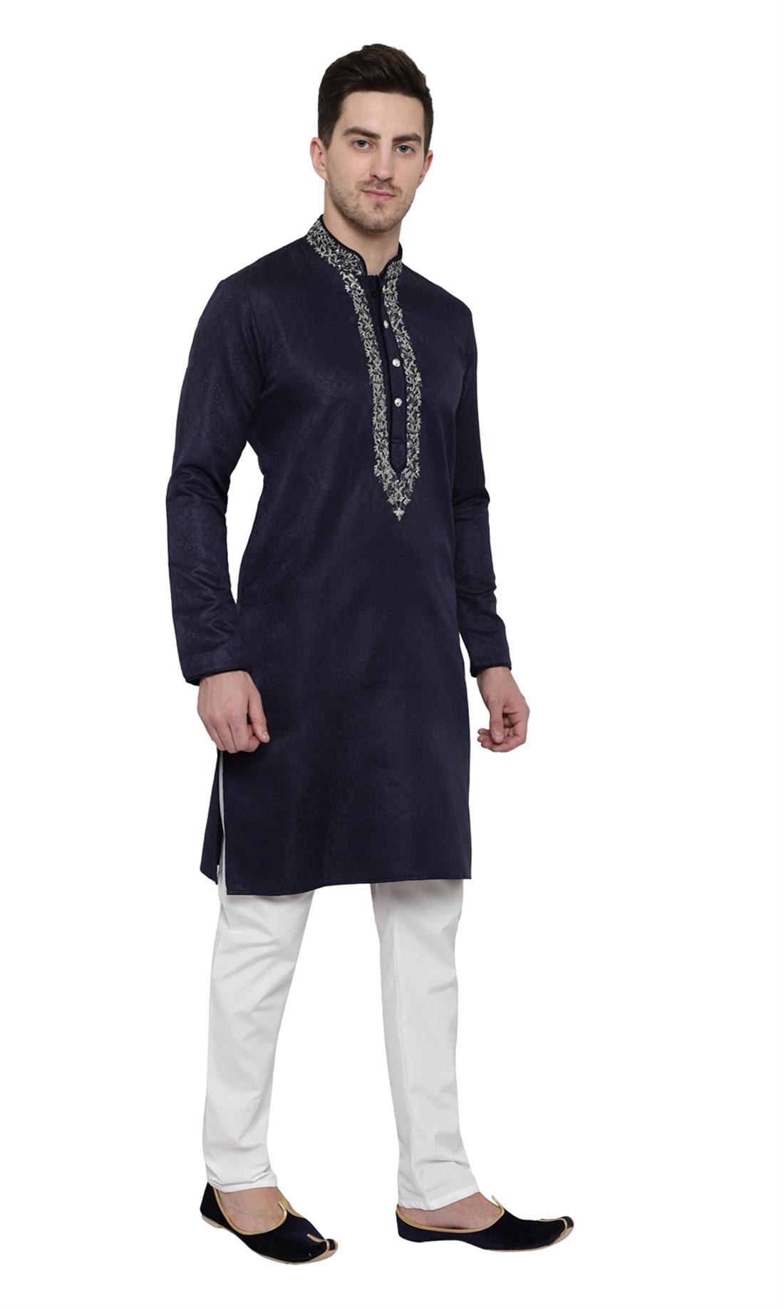 Navy Blue Embroidered Mens Kurta Pajama