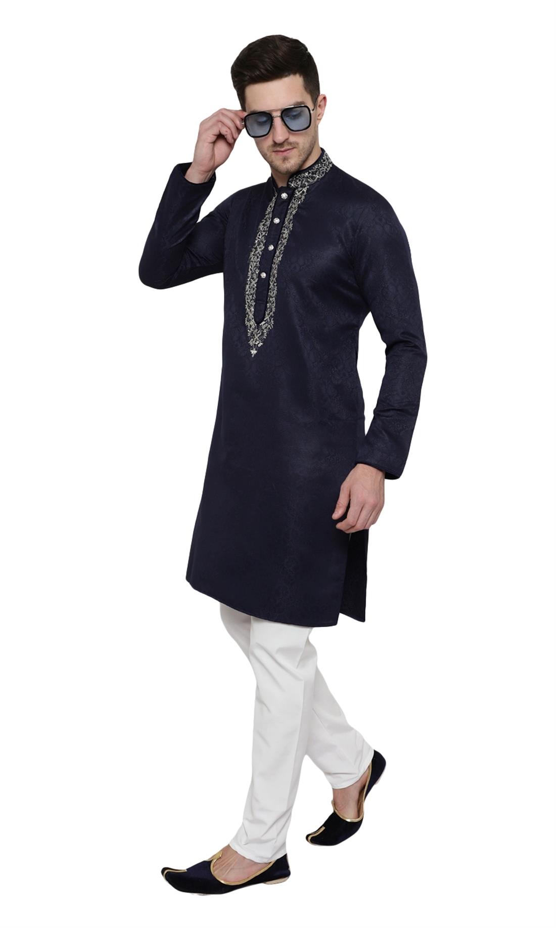 Navy Blue Embroidered Mens Kurta Pajama