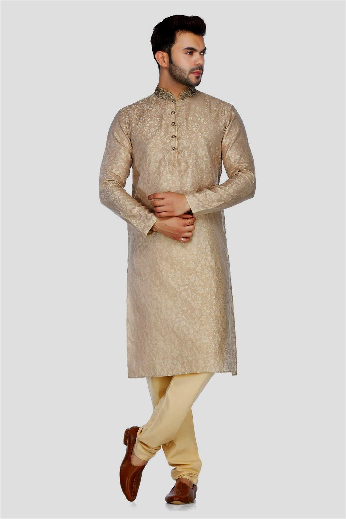 Beige Embroidered Mens Kurta Pajama