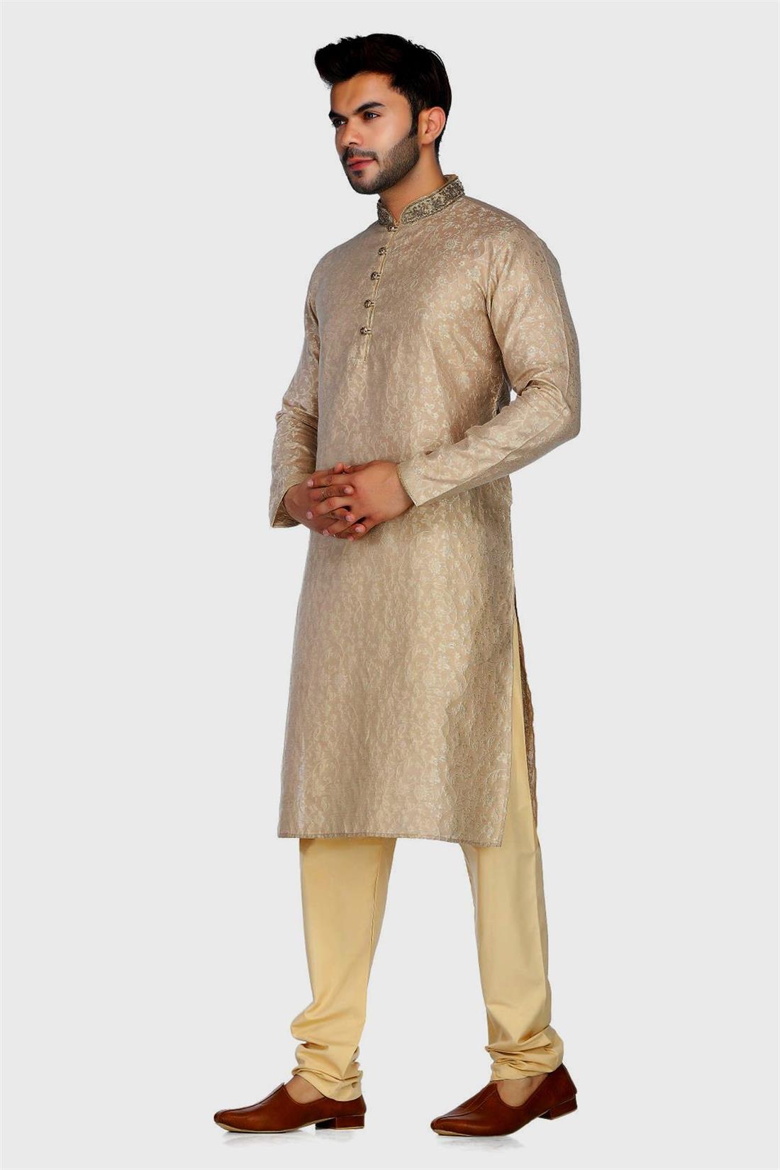 Beige Embroidered Mens Kurta Pajama