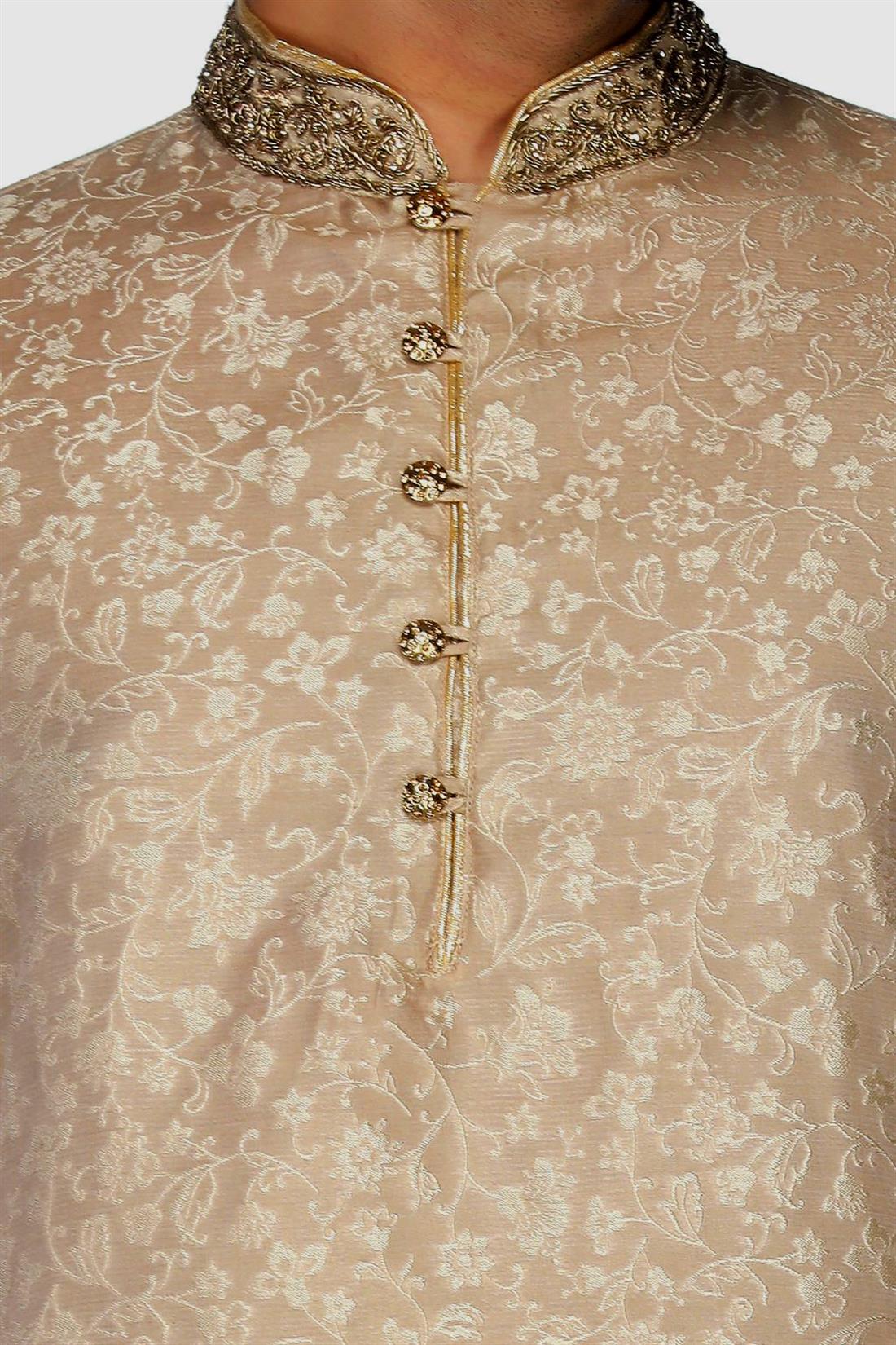 Beige Embroidered Mens Kurta Pajama