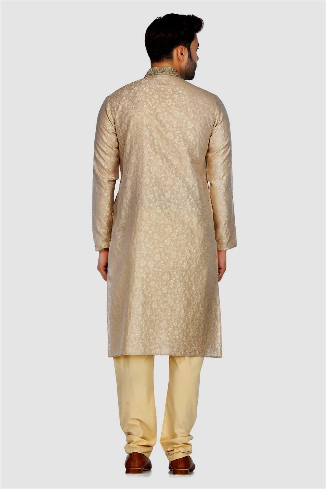 Beige Embroidered Mens Kurta Pajama