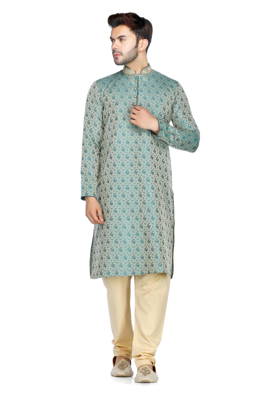 Teal Embroidered Mens Kurta Pajama
