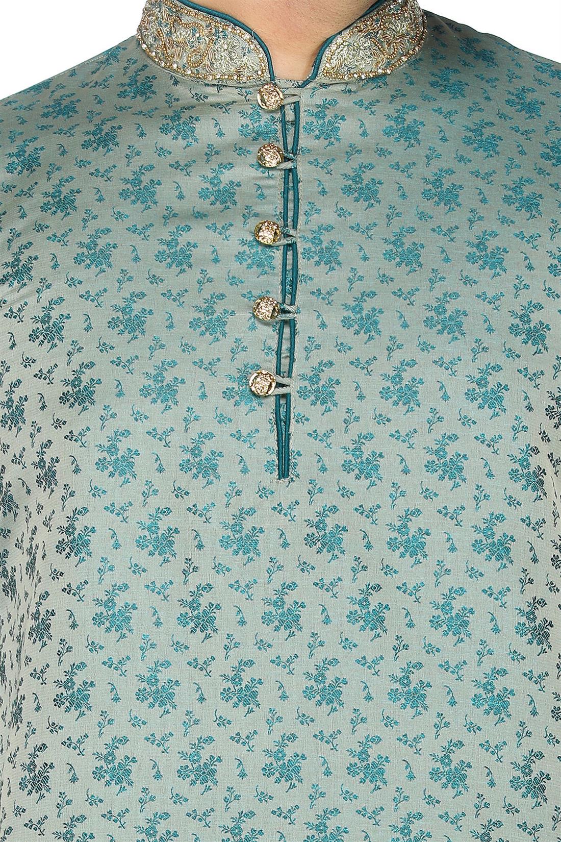 Teal Embroidered Mens Kurta Pajama