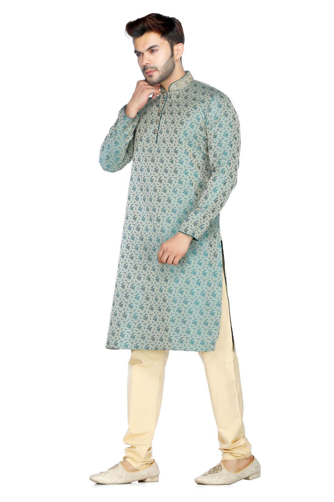 Teal Embroidered Mens Kurta Pajama