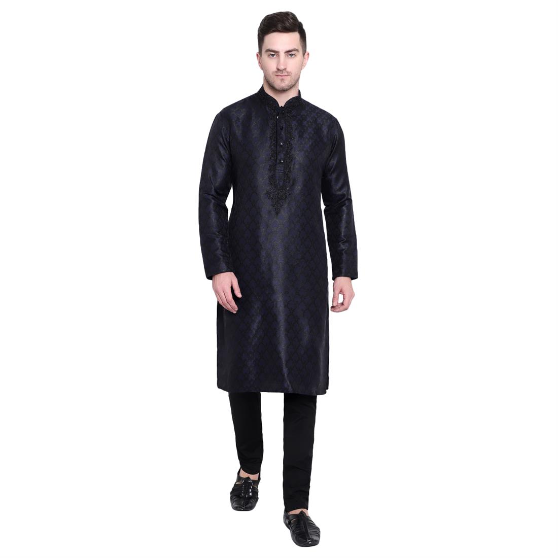Navy Embroidered Mens Kurta Pyjama